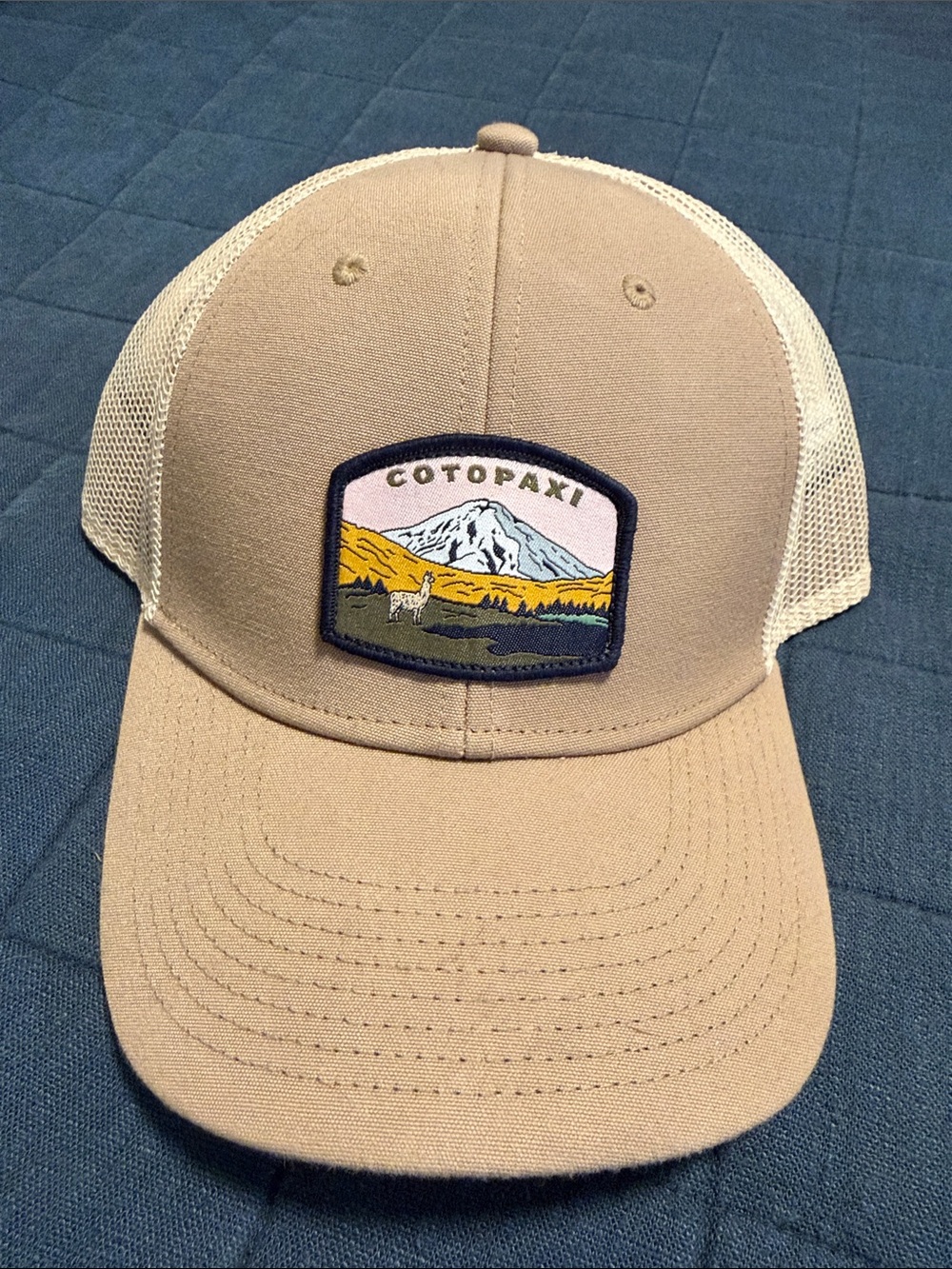 cotopaxi Tan and Cream Mesh Trucker Hat with Mountain Patch